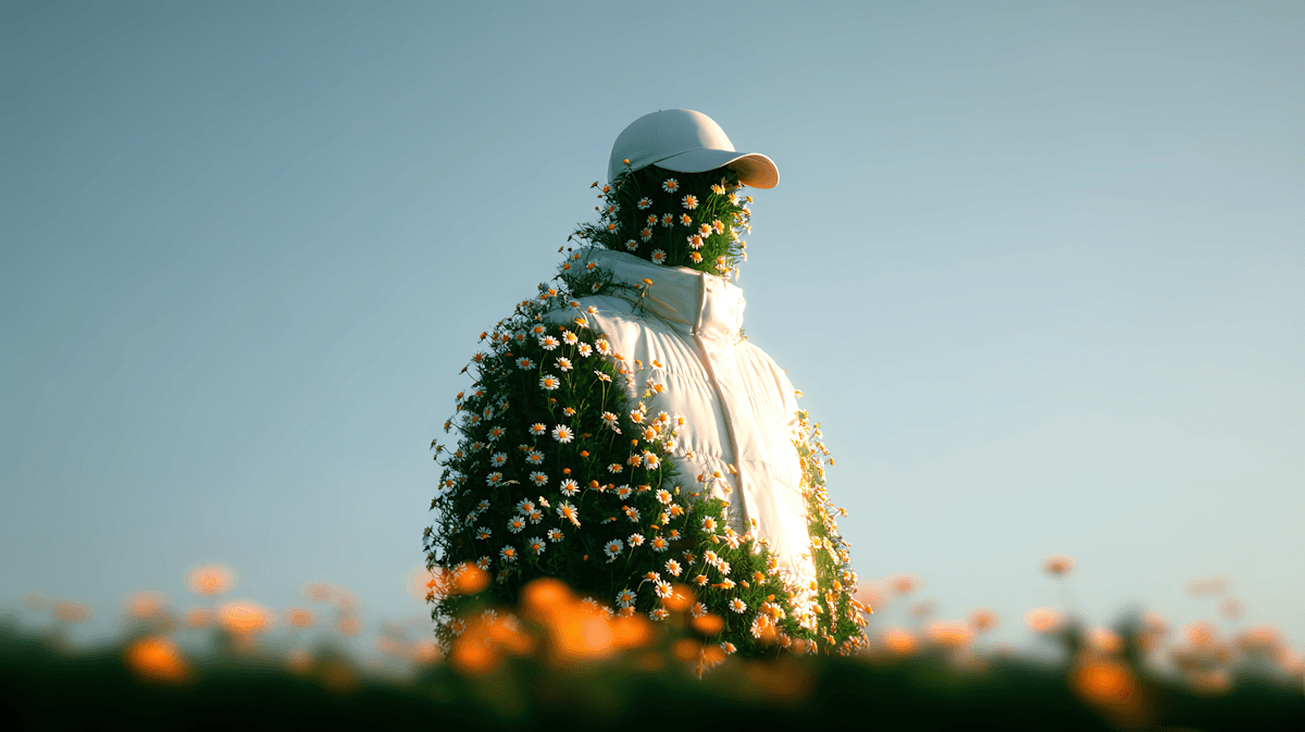 Person in a white jacket and cap is covered in blooming daisies, standing in a field with orange flowers under a clear blue sky, evoking serenity and harmony.