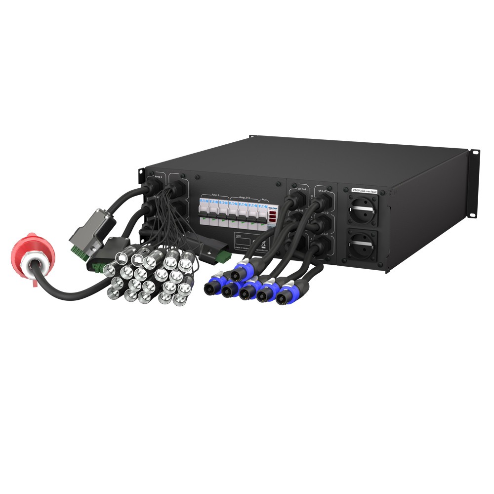 Black rackmount unit with cables and connectors