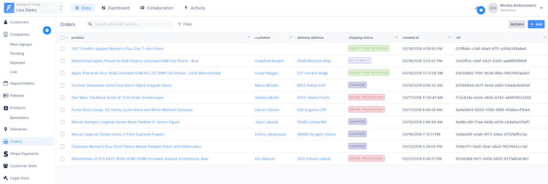 A Forest Admin collection view example.