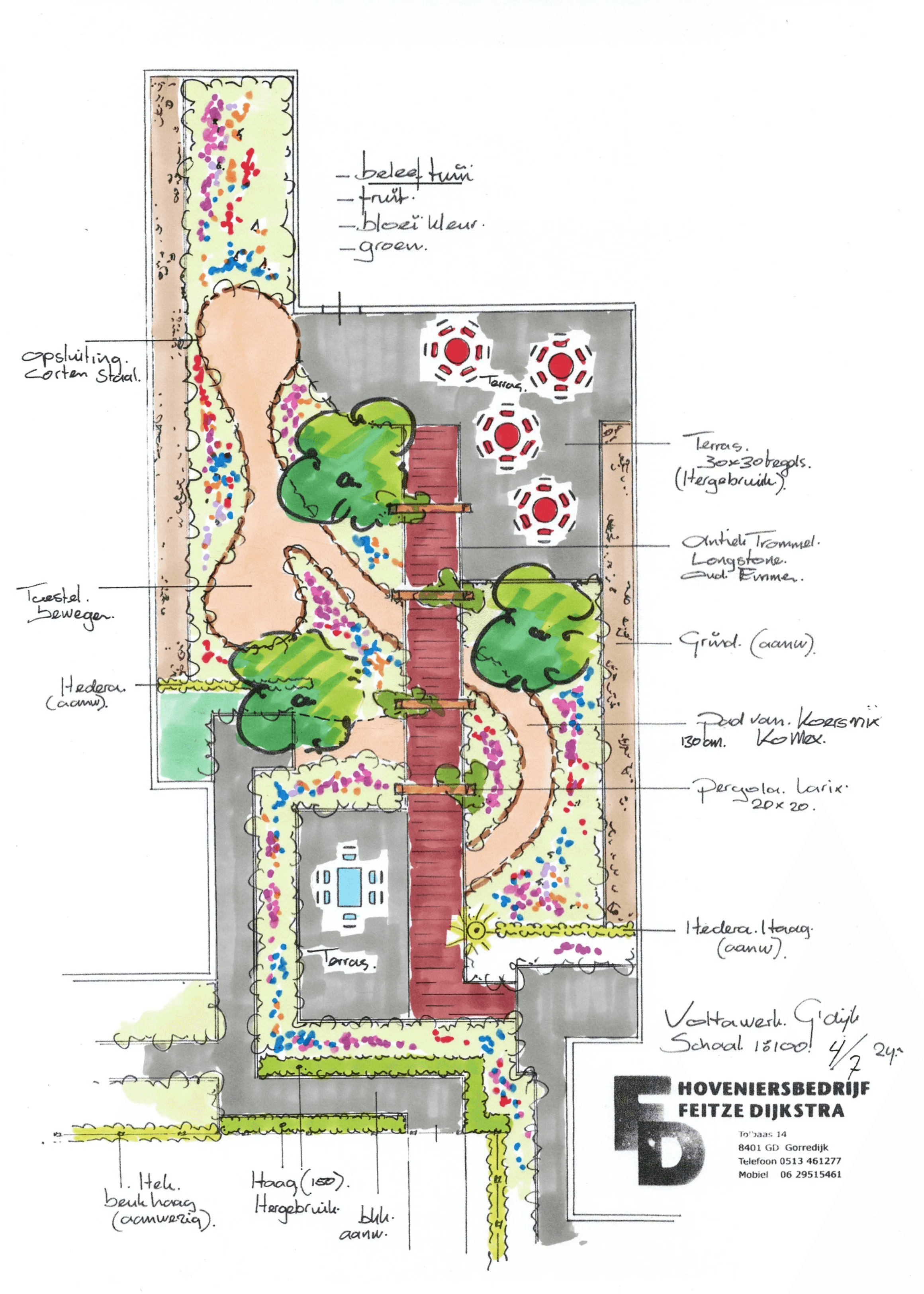 Tuinontwerp met slingerende paden, terras met tafels en pergola, kleurrijke beplanting en verschillende bomen voor belevingstuin Voltawerk.