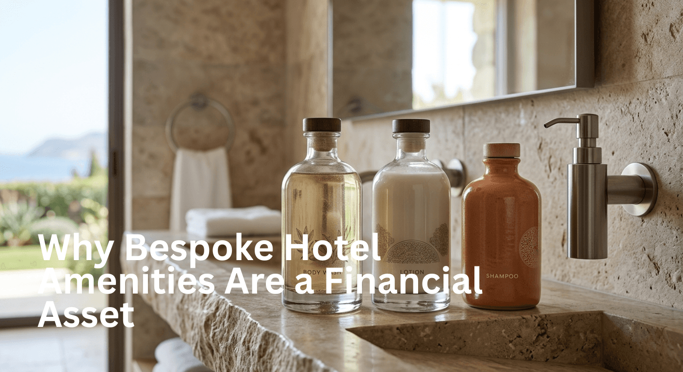 Three elegant bottles labeled body wash, lotion, and shampoo sit on a rustic stone sink in a luxurious bathroom overlooking a serene landscape.