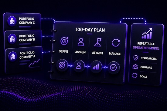Illustration showing three portfolio company cards feeding into a 100-day plan, which is structured into define, assign, attach, and manage stages, then connected to a repeatable operating model for standardising, comparing, and scaling portfolio execution.