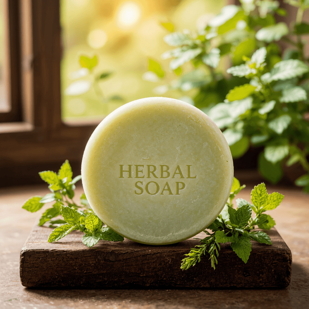 product photography of a round bar of herbal soap, typically used for cleansing and skincare