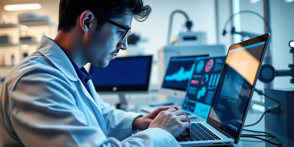 Researcher analyzing data in a modern clinical lab.