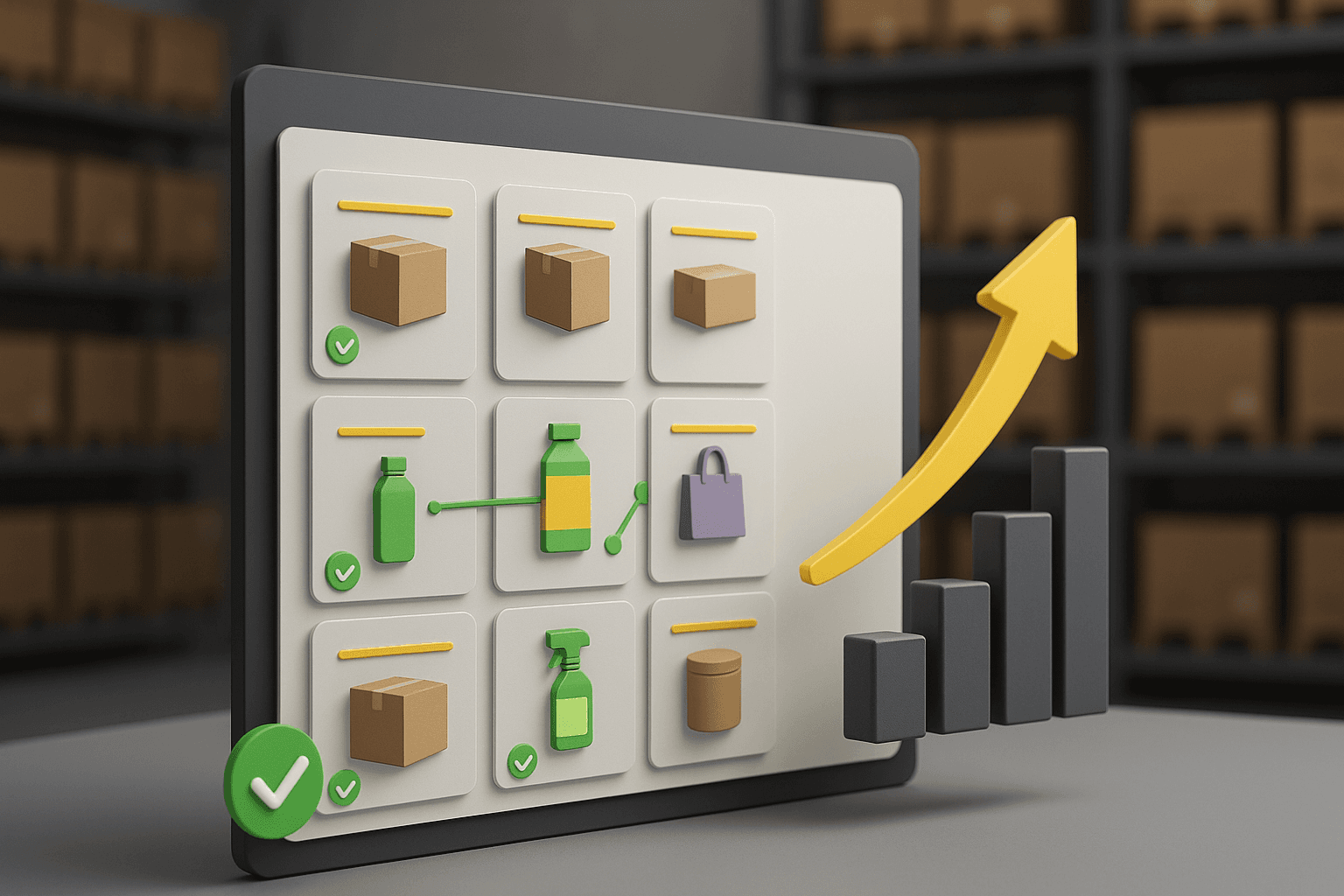 Cadastro completo de produtos melhorando o rankeamento em SEO no e commerce B2B, com painel 3d mostrando cards de produtos organizados e graficos de crescimento, representando otimização de fichas técnicas e descricoes detalhadas para aparecer melhor no Google.