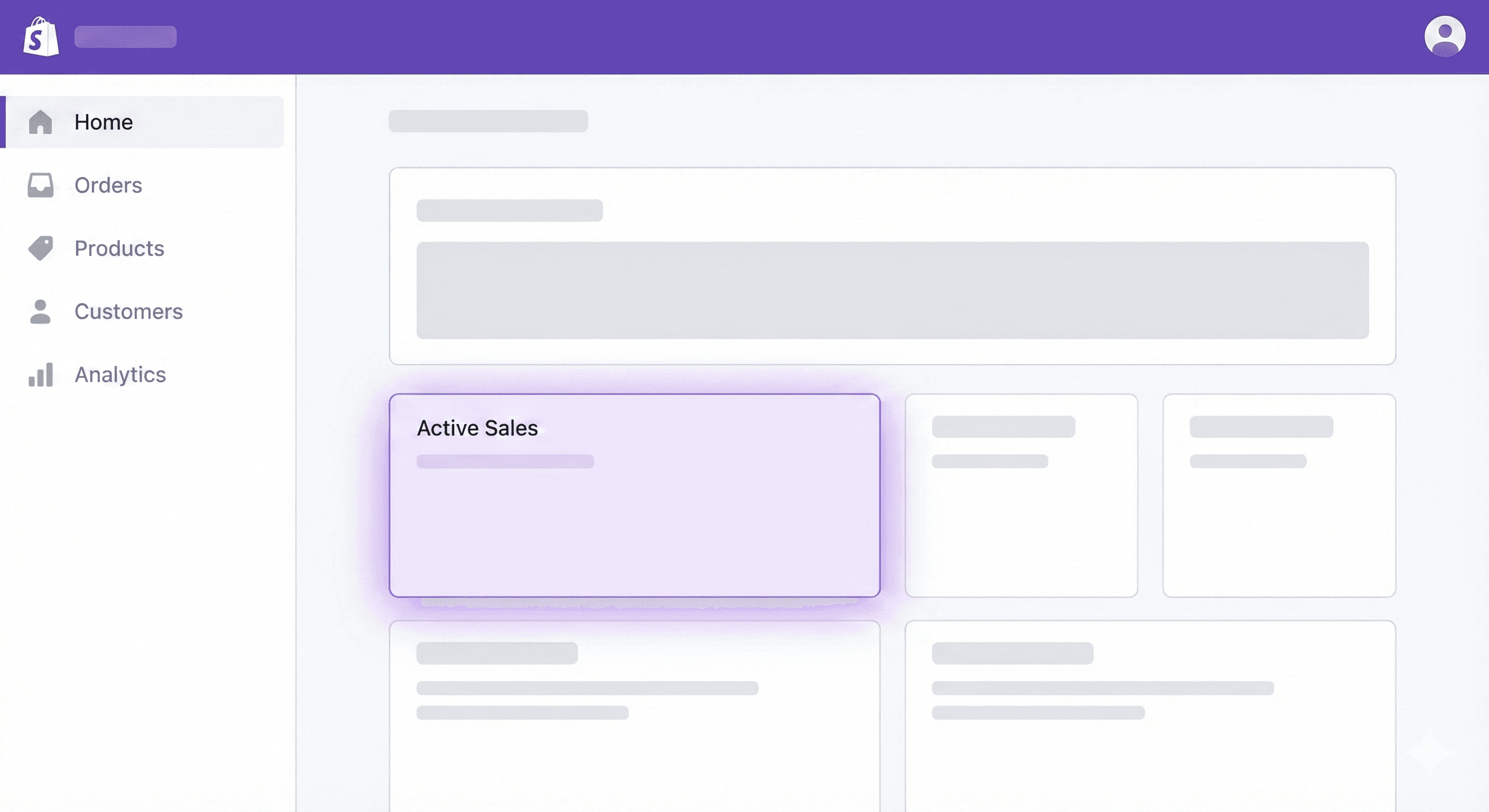 A simplified, minimal mockup of the Shopify admin interface. It features a purple header bar and a sidebar menu with placeholder blocks for Home, Orders, Products, Customers, and Analytics. One specific area of the dashboard is highlighted with a soft purple glow effect.