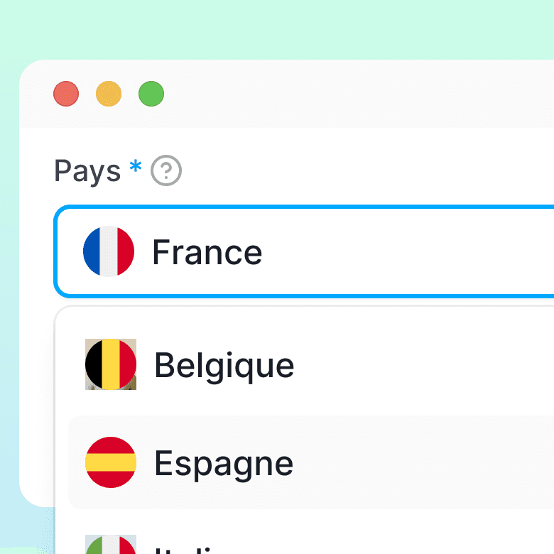 Sélecteur de pays (France, Belgique, Espagne) pour l'activation de numéros de téléphone trackés géographiques et sans spams.