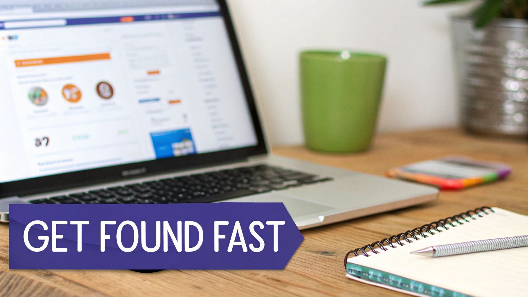 A laptop showing a website, green mug, colorful smartphone, notebook, and pen on a wooden desk with a 'GET FOUND FAST' banner.