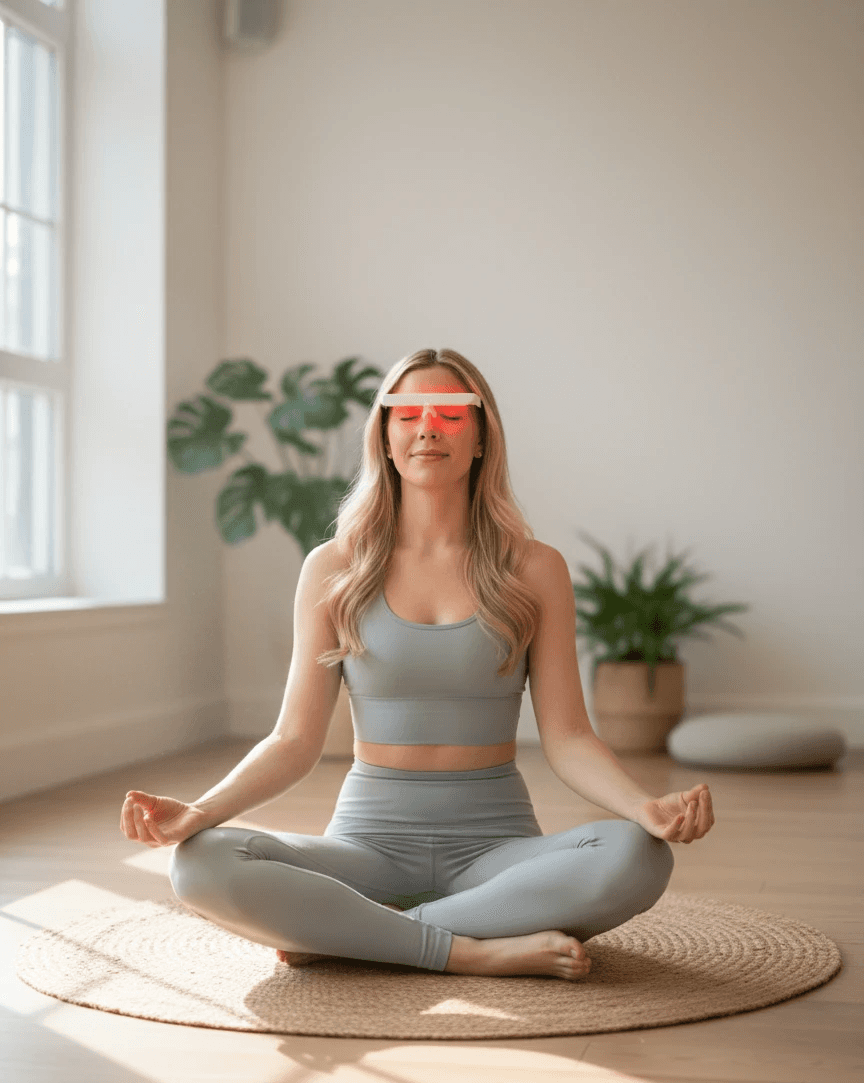 A model wearing Lumofield Glasses while meditating.