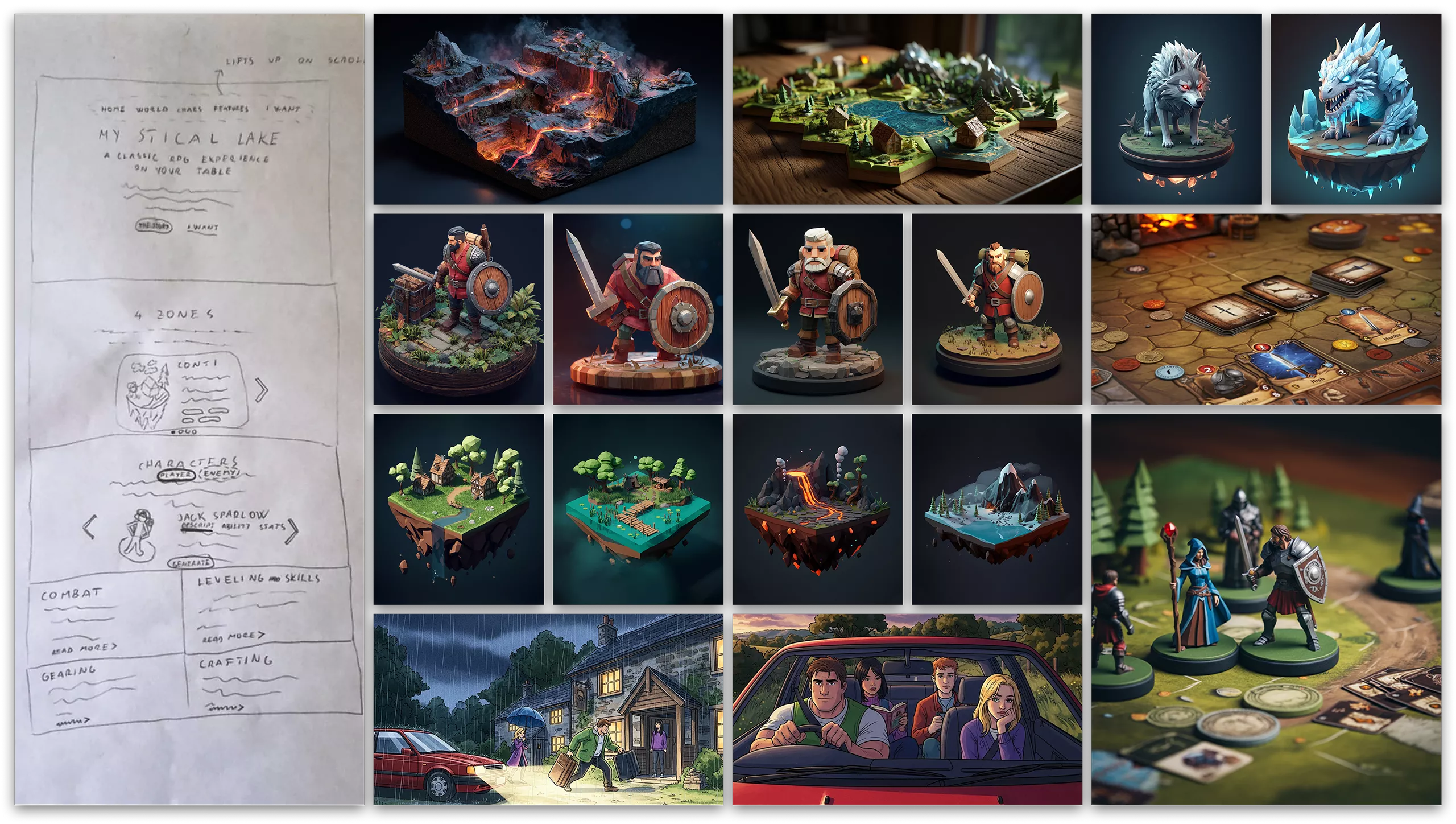 Image of all deliverables for the game idea including characters, world, game board, story slides and sketches.