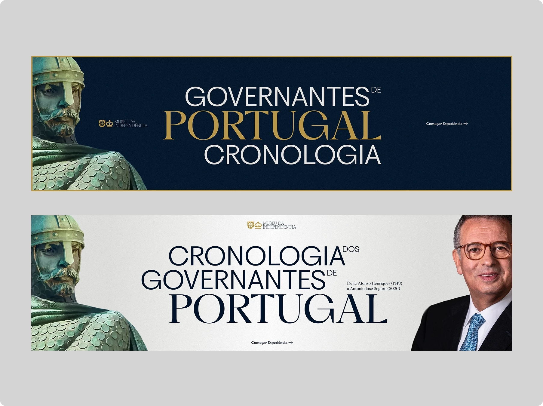 Two Portuguese history banners show an armored medieval ruler and a modern suited man beside titles reading “Governantes de Portugal: Cronologia.”