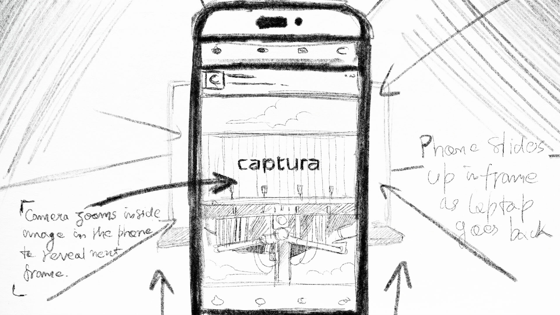 Storyboard sketch showing the Captura mobile interface with directional annotations for camera zoom and device transition, mapping the animation sequence before production.