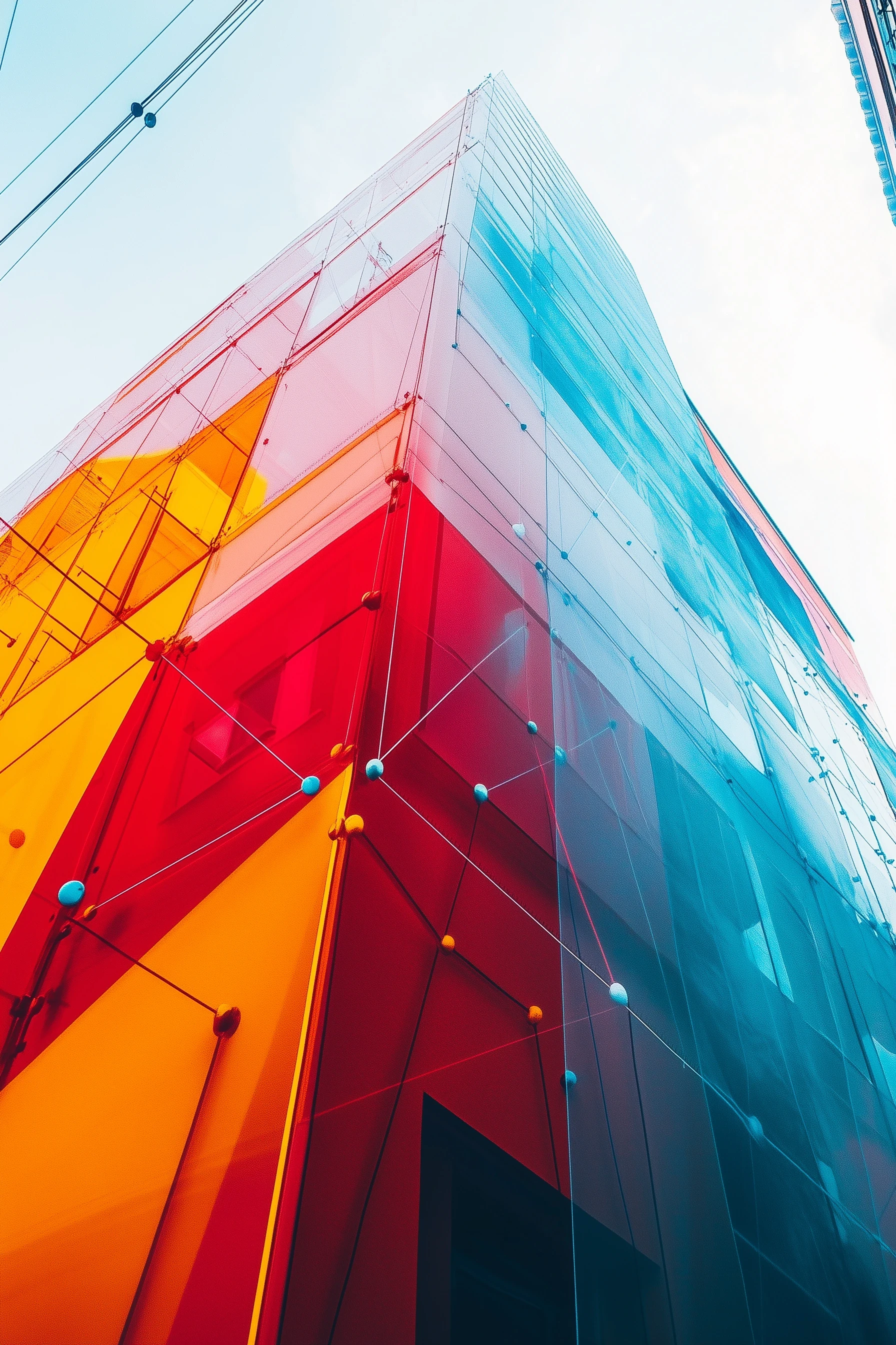 A sharp building corner divides luminous orange-red glass from a cyan facade.