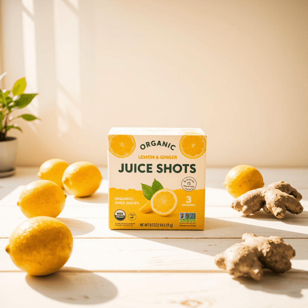 product photography of box of organic lemon and ginger juice shots, intended for health and wellness use