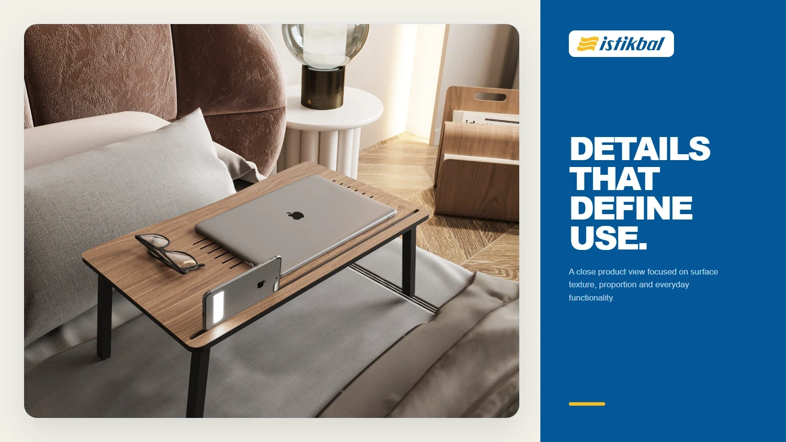 Close-up 3D product render showing a functional bedside table and integrated laptop tray detail.