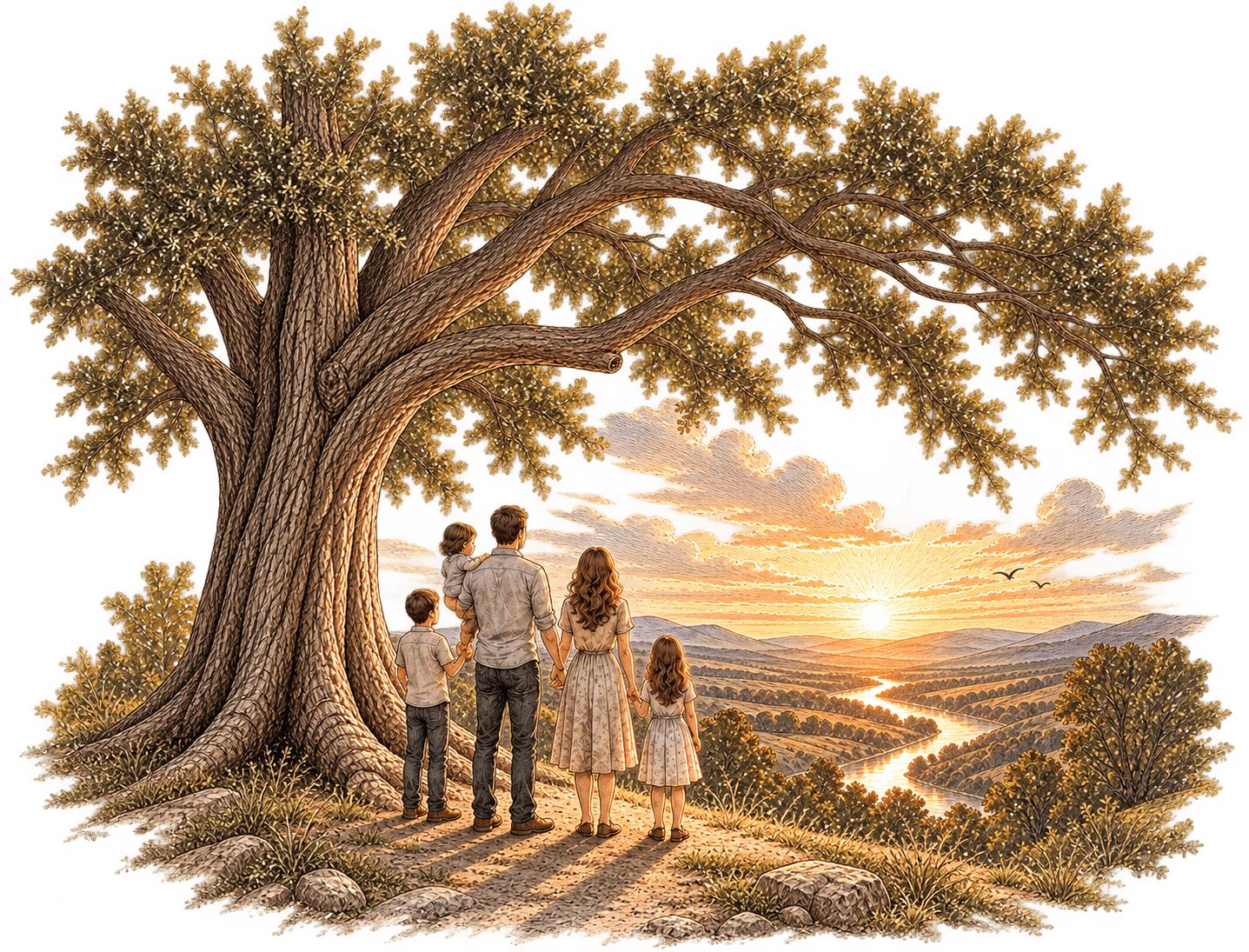 A family walking together through a field at sunset