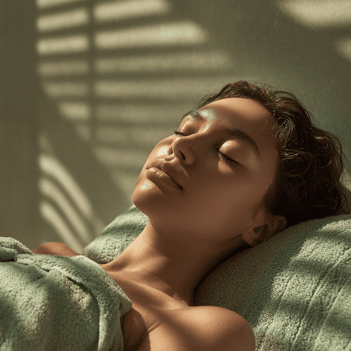 A woman lying down in a spa setting, relaxing with her eyes closed. Sunlight streams through blinds, casting striped shadows on her face. The scene conveys a sense of serenity and well-being.