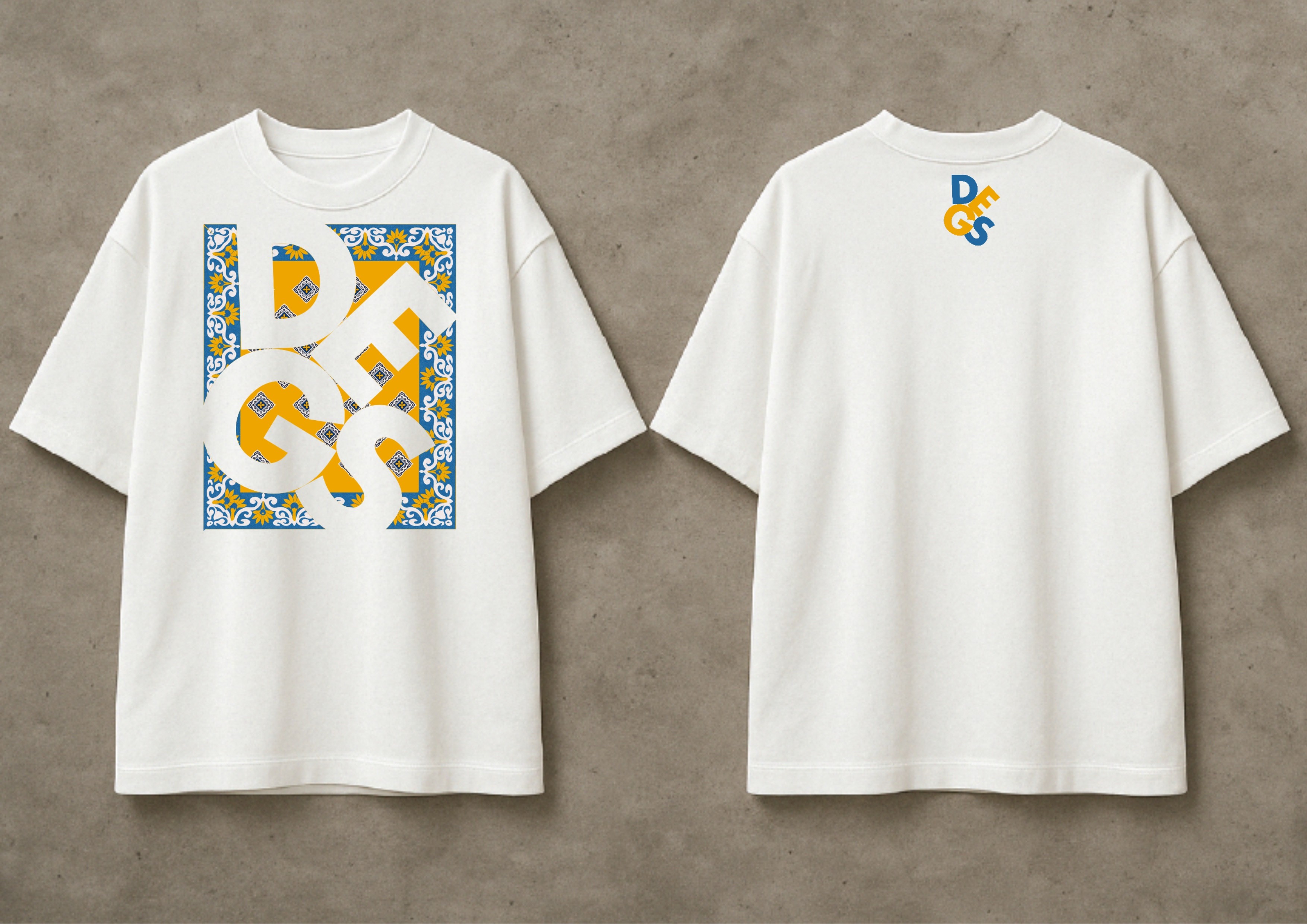 Degs white t-shirt with illustrated front print, front and back views