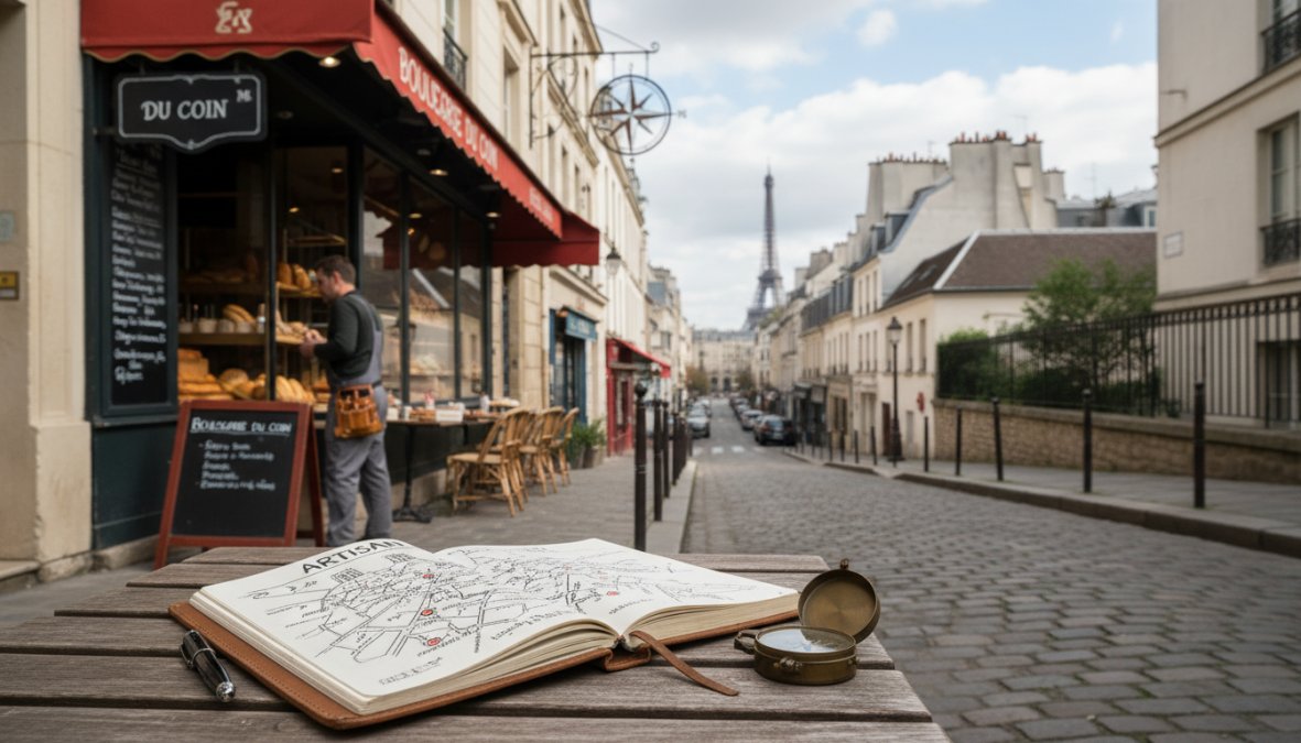 Gros plan sur des mains tenant un smartphone affichant des résultats Google Maps avec des fiches d'artisans locaux épinglées sur une carte de Paris, fond de café parisien flou en arrière-plan