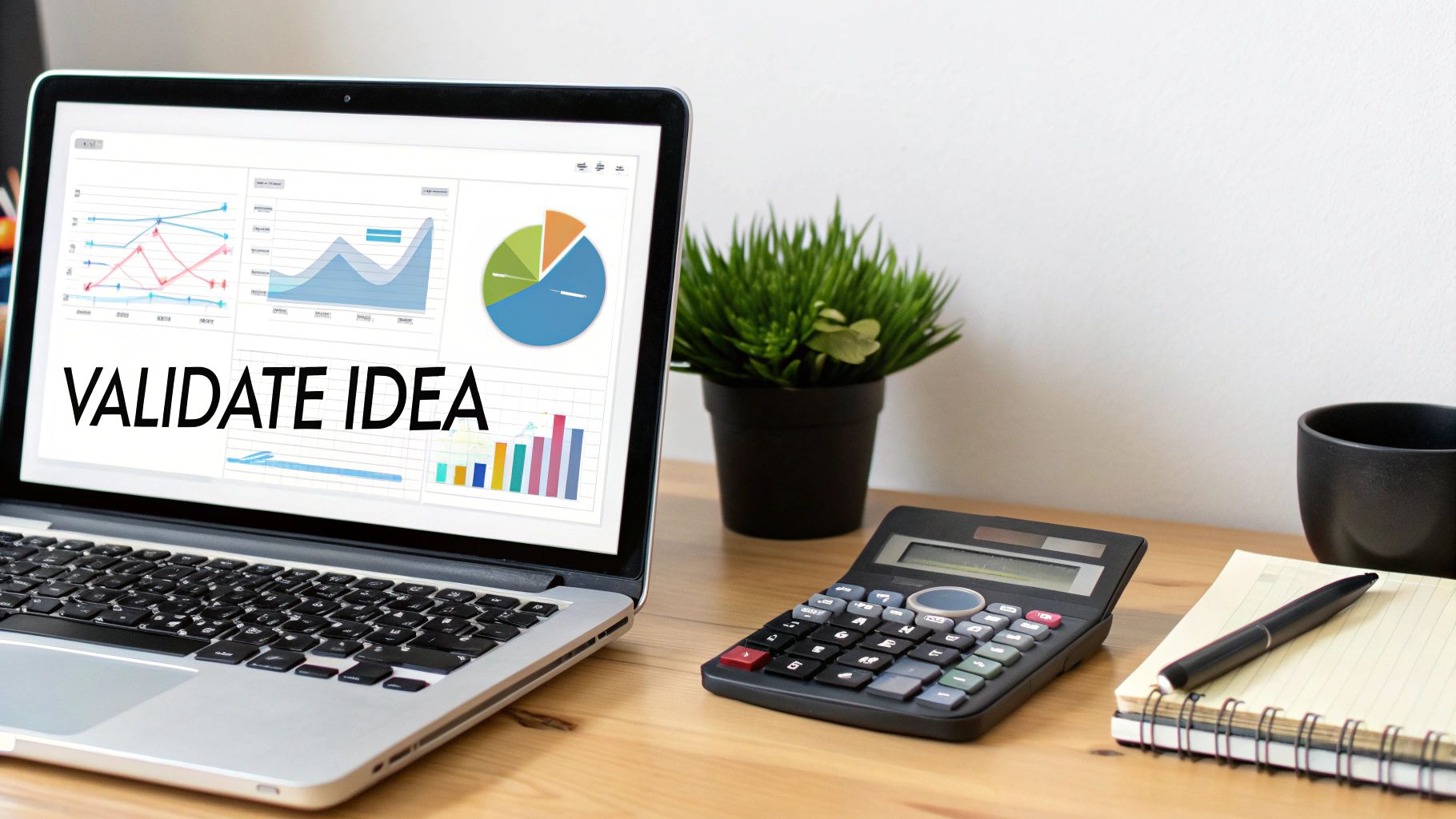 A person using a magnifying glass to inspect a product on a screen, symbolizing product idea validation.