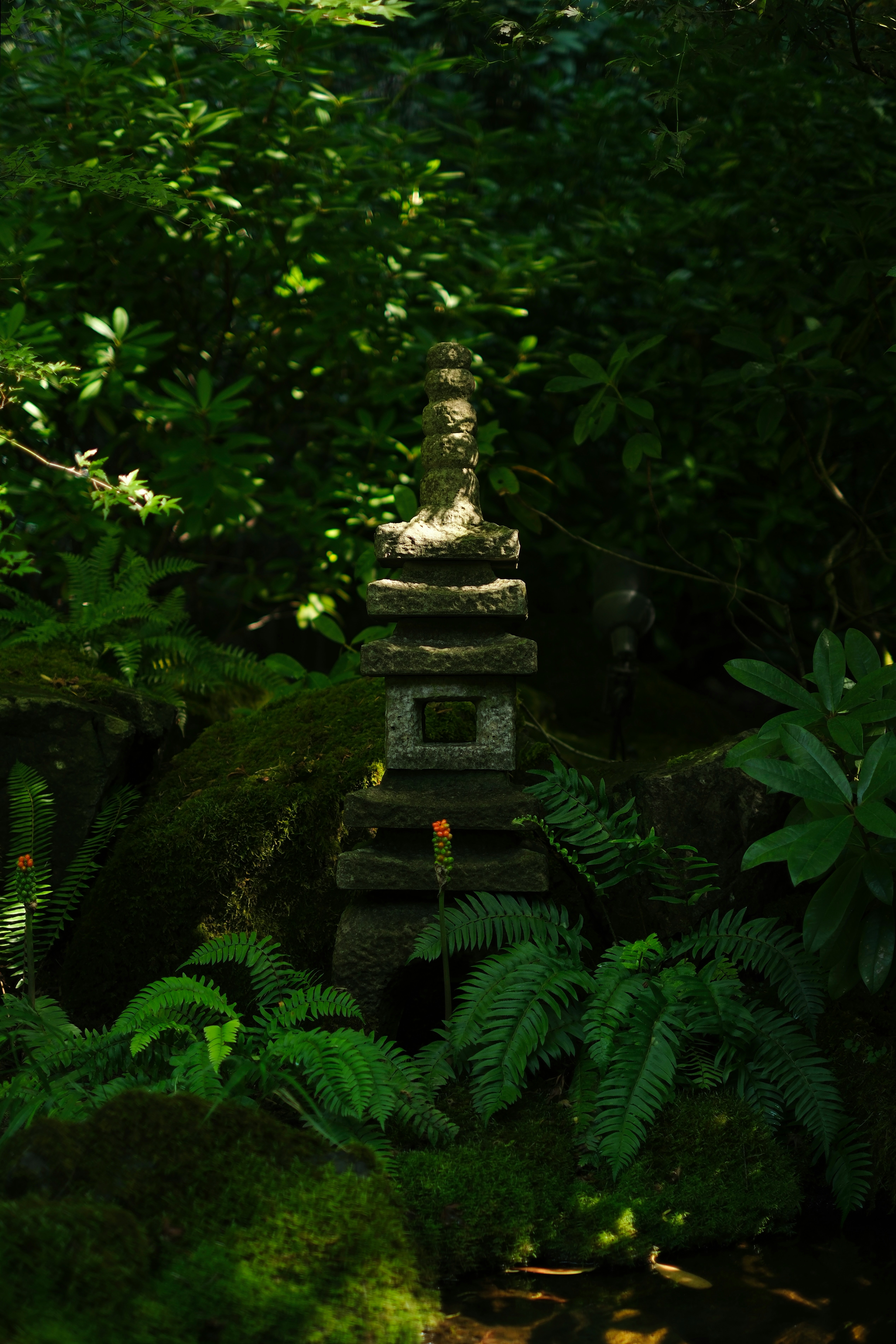 Um detalhe do espaço, como uma pequena planta zen, um incenso a arder suavemente ou um arranjo de pedras