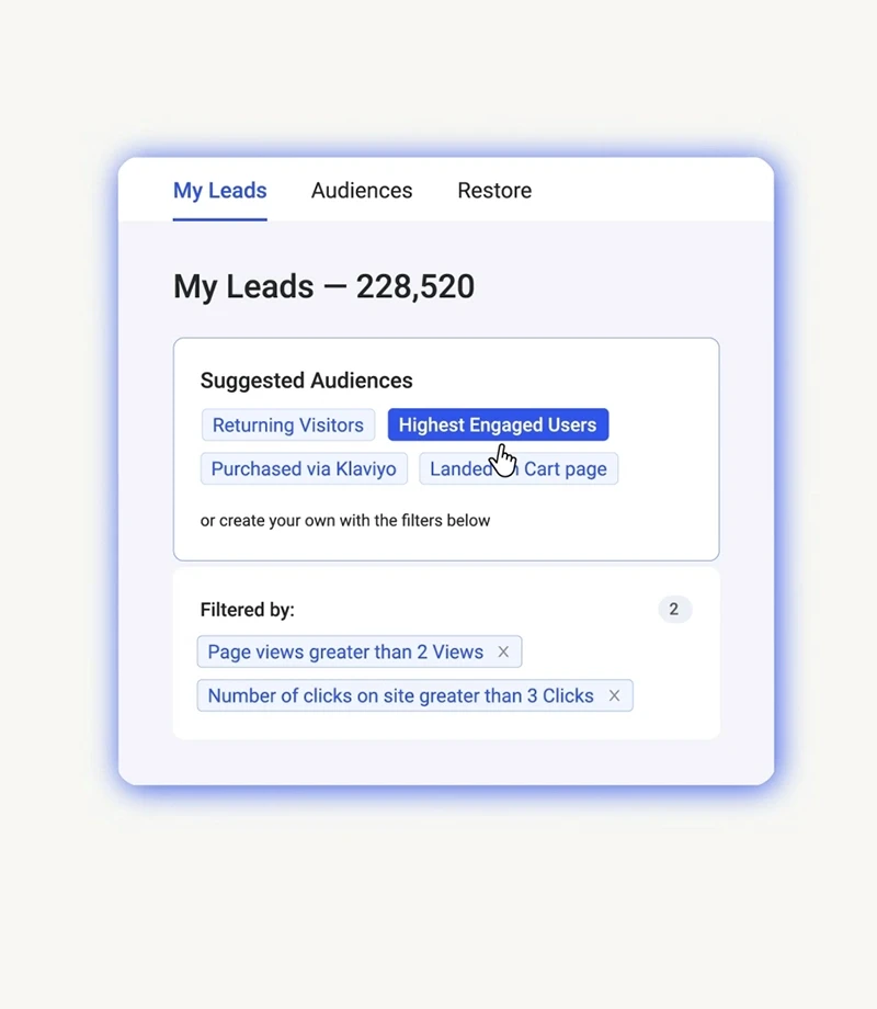 B2B SaaS lead segmentation UI mockup showing audience filters and engaged user tags