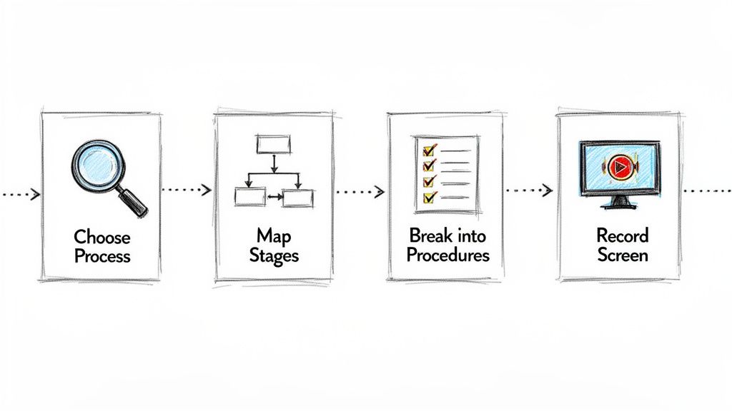 Visual diagram illustrating four steps: Choose Process, Map Stages, Break into Procedures, and Record Screen.