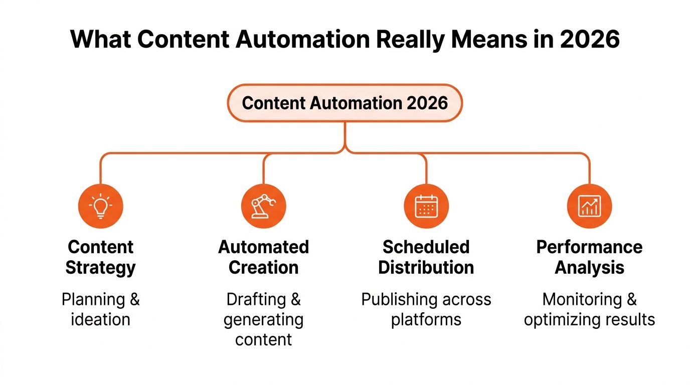 A diagram illustrating the four pillars of content automation in 2026: strategy, creation, distribution, and analysis.