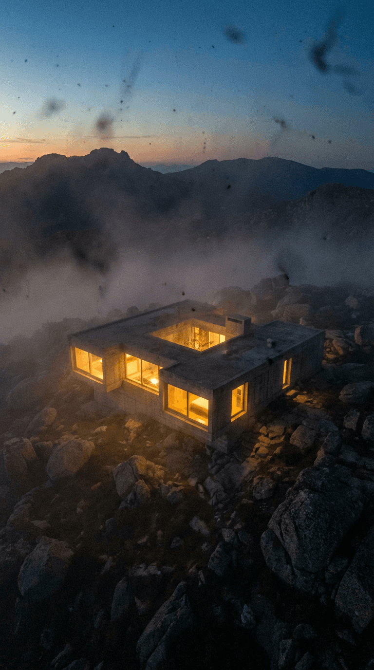 Person in dark clothing standing in moody, atmospheric lighting