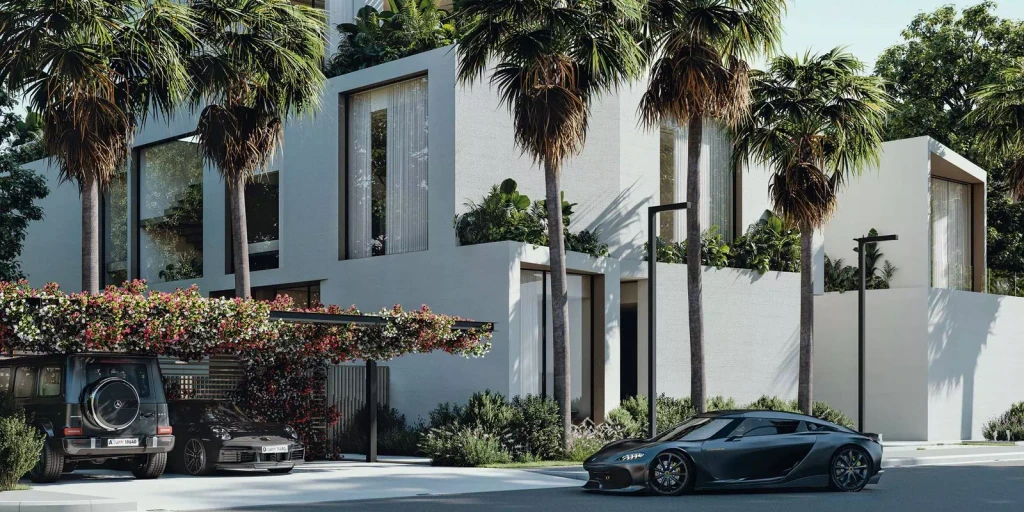 Contemporary villa in Altissima, Dubai, showcasing a swimming pool and lush palm trees in a sunny setting.
