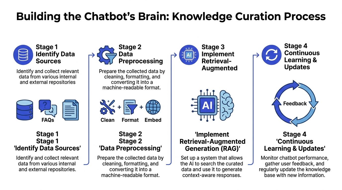 A diagram outlining the four-stage knowledge curation process for building a chatbot's intelligent knowledge base.
