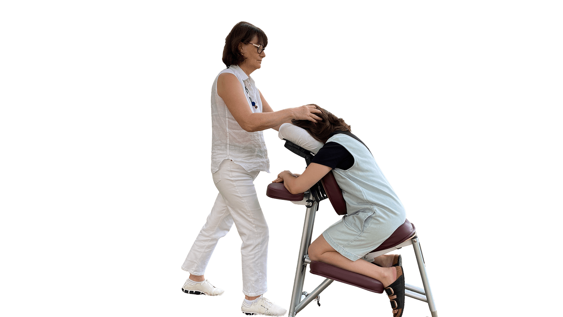 A woman sits cross-legged with eyes closed, wearing a white blouse and a long purple skirt, looking serene.
