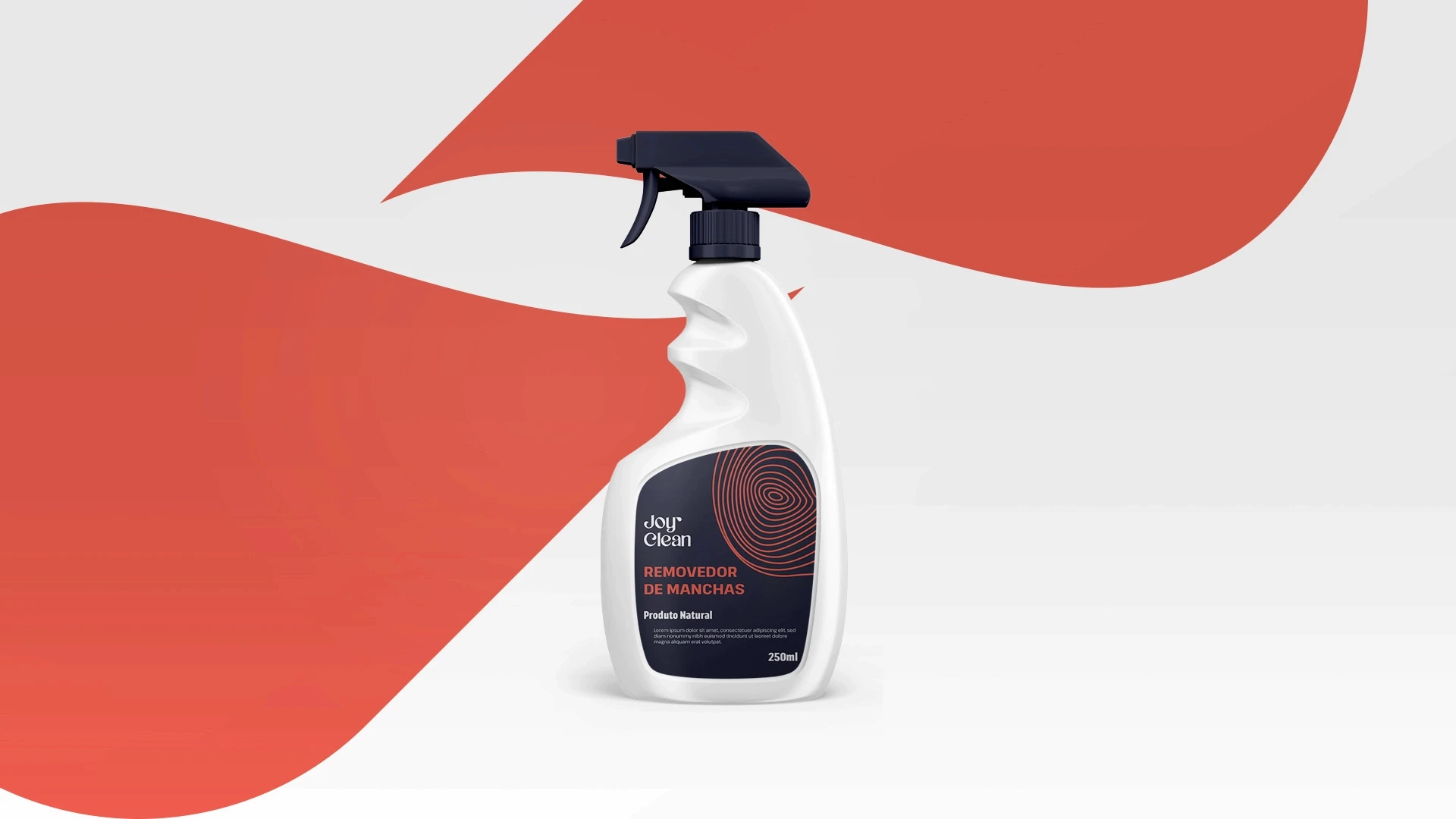 Embalagem plástica branca de borrifador spray de 250ml do produto 'Removedor de Manchas' da Joy Clean, posicionado contra um fundo conceitual branco e coral.
