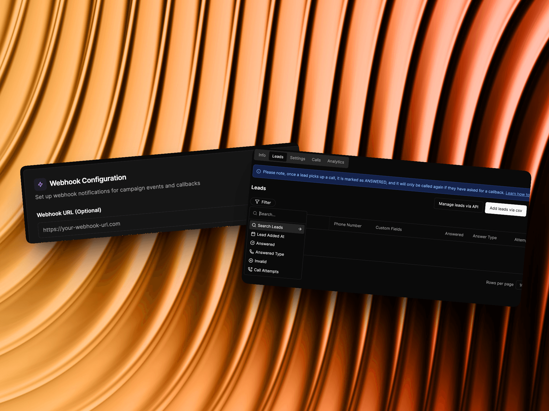 AI outbound calling with integration for on-call and post-call actions VoiceAIWrapper - webhook configuration panel and leads management interface showing campaign event notifications, callback settings, lead filtering by Answered Type and Call Attempts status, API integration for lead management, and CSV import functionality for automated post-call workflow actions | VoiceAIWrapper