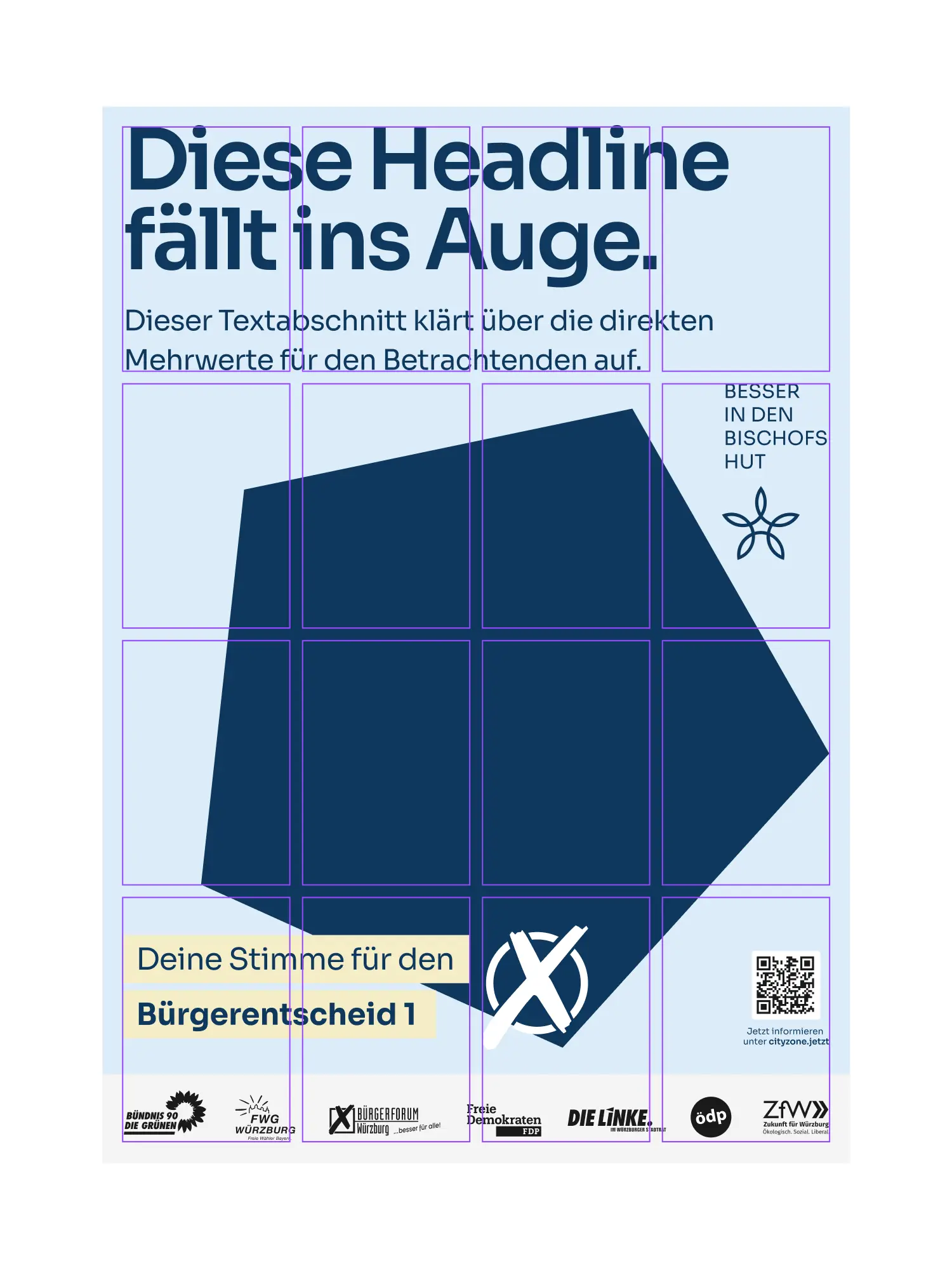 Plakat-Entwurf zum Bürgerentscheid 1 mit Platzhalter-Headline und Logos der Unterstützerparteien auf hellblauem Grund.