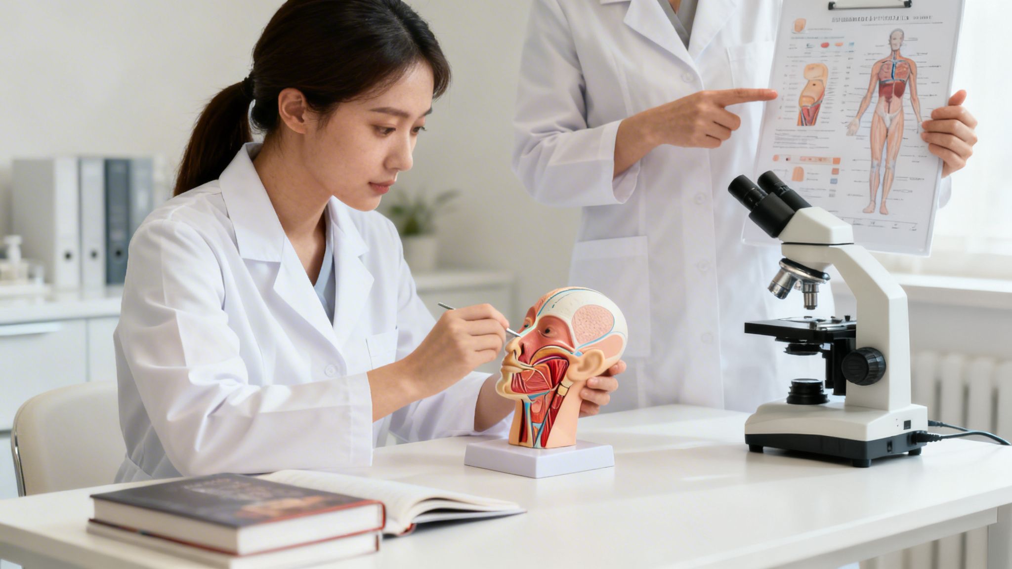 Two medical students in lab coats studying human anatomy with models, charts, and a microscope.