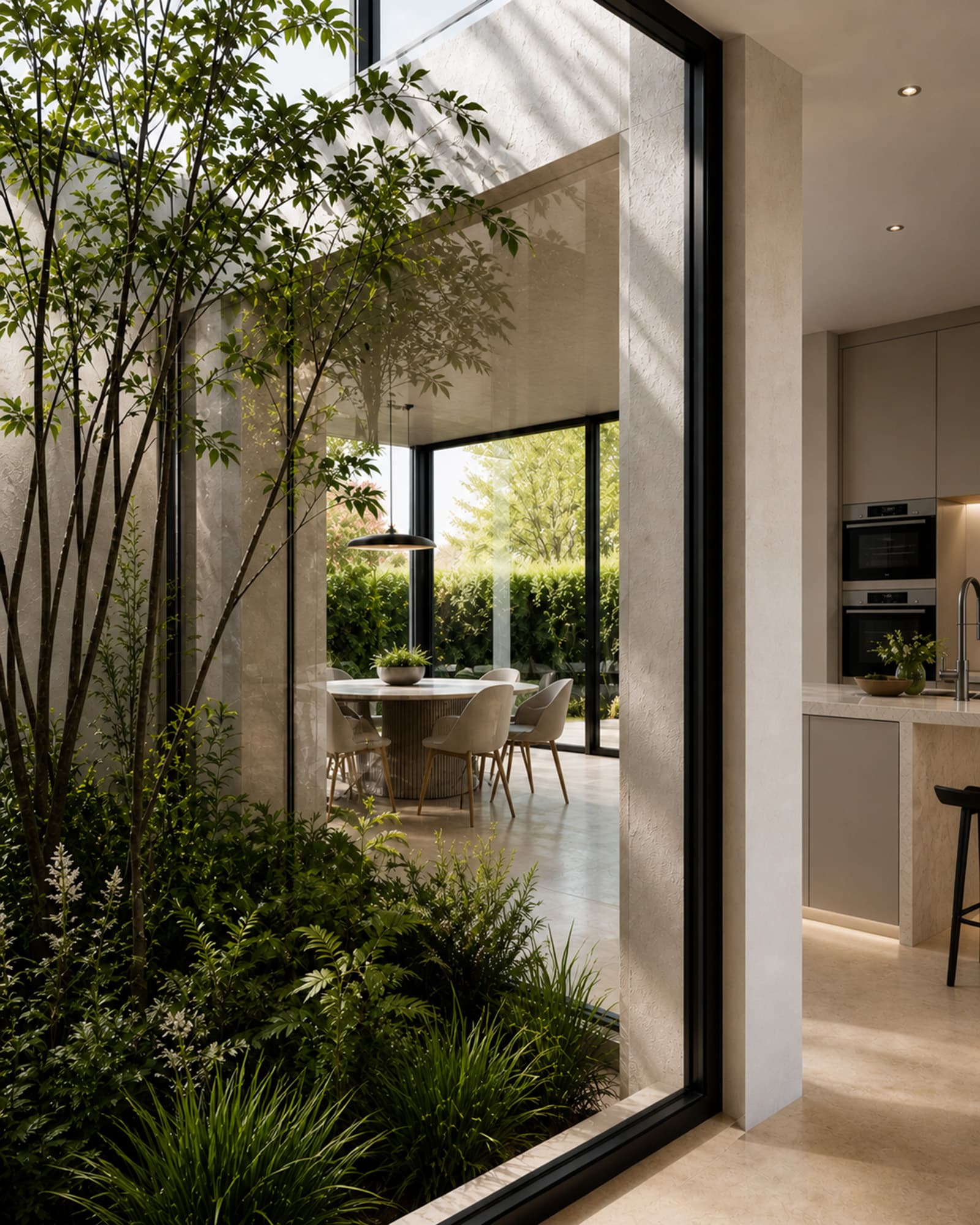 Patio van villa in Hilvarenbeek met beplanting, glaswanden en zicht naar de eetruimte.