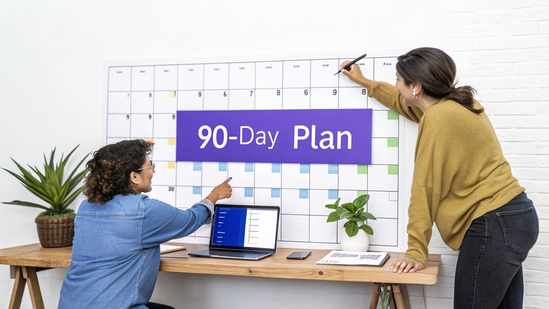 Two women collaborate on a large 90-day plan calendar, using a laptop for planning.