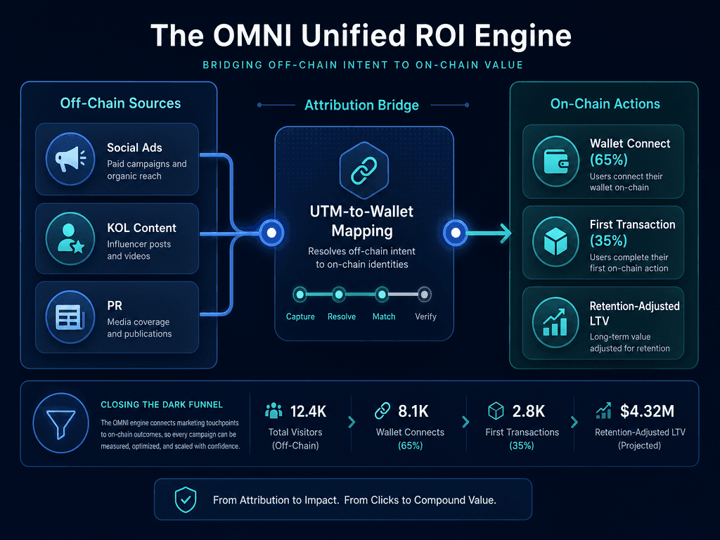 Technical process flow diagram illustrating the mapping of off-chain marketing activities to on-chain wallet transactions for accurate ROI.