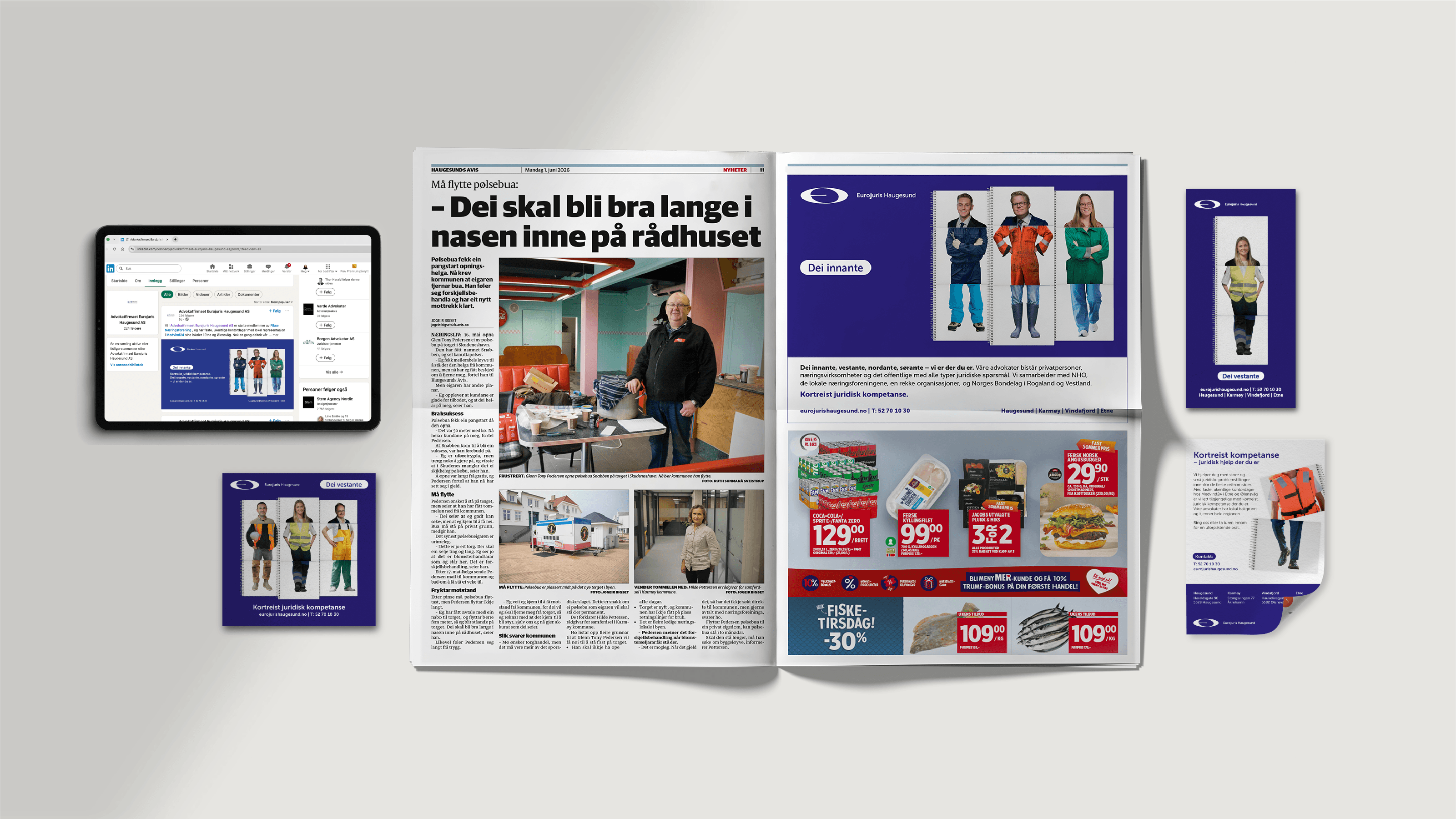 Diverse materiell som viser kampanjen på ulike flater – linkedin, flyers DM, avis