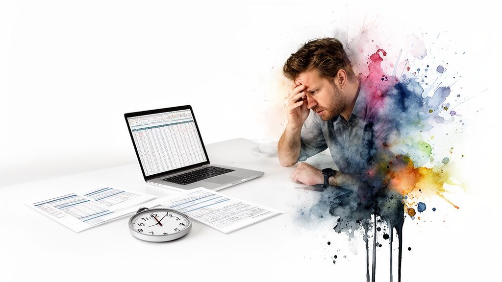Stressed man working on complex data and reports on a laptop with a stopwatch.