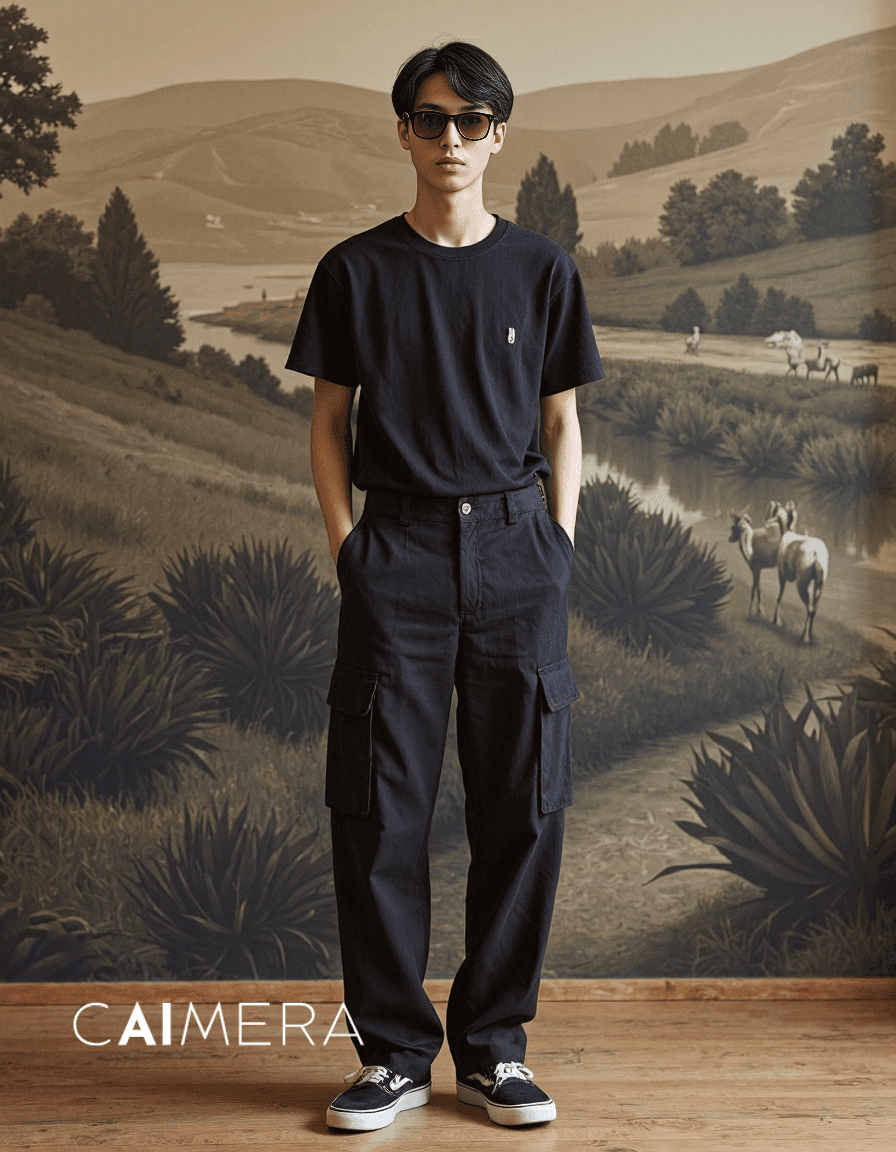 Fashion portrait featuring black casual wear against an artistic pastoral landscape backdrop with rolling hills and horses