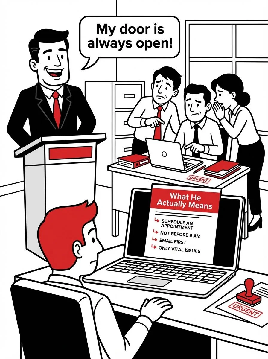Cartoon: a CEO declares his door is always open while a laptop screen reveals what he actually means — schedule an appointment, not before 9am, email first, only vital issues. — Rajesh Nagjee