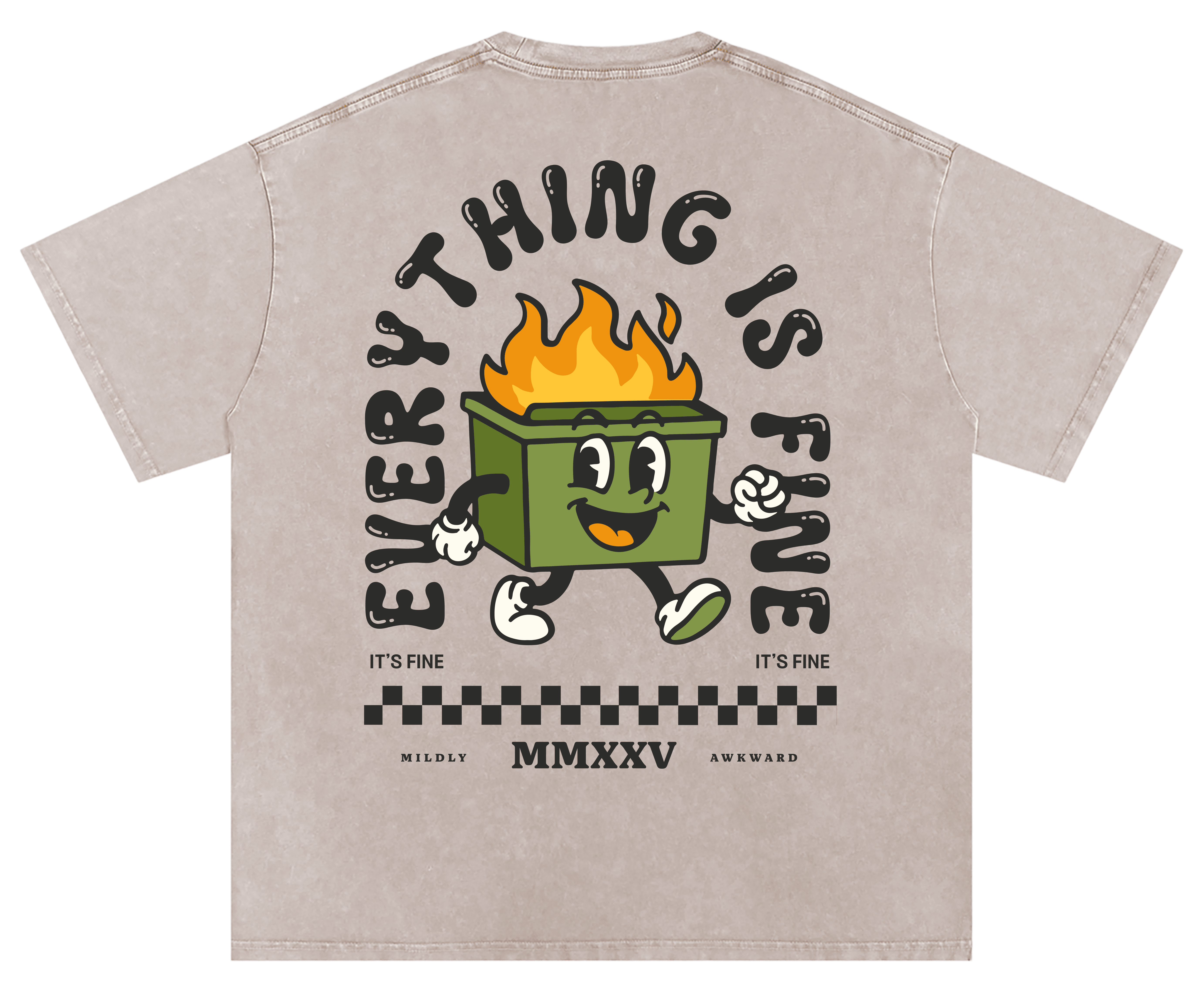 Beige tshirt with black text and a cartoon character