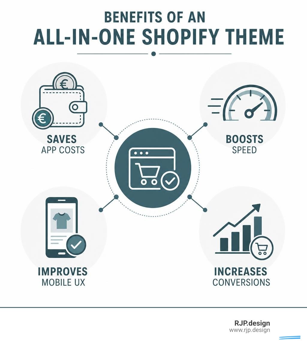 Benefits of an all-in-one Shopify theme: saves app costs, boosts speed, improves mobile UX, and increases conversions