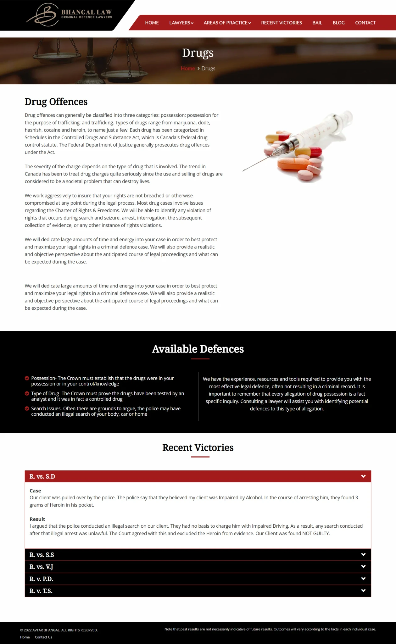 drugs page for bhangallaw website developed & designed by Dreams Agency Mississauga, Ontario