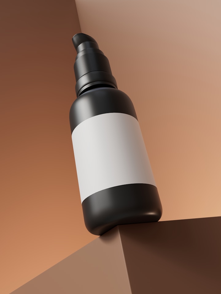 Black-capped pump bottle against warm geometric blocks