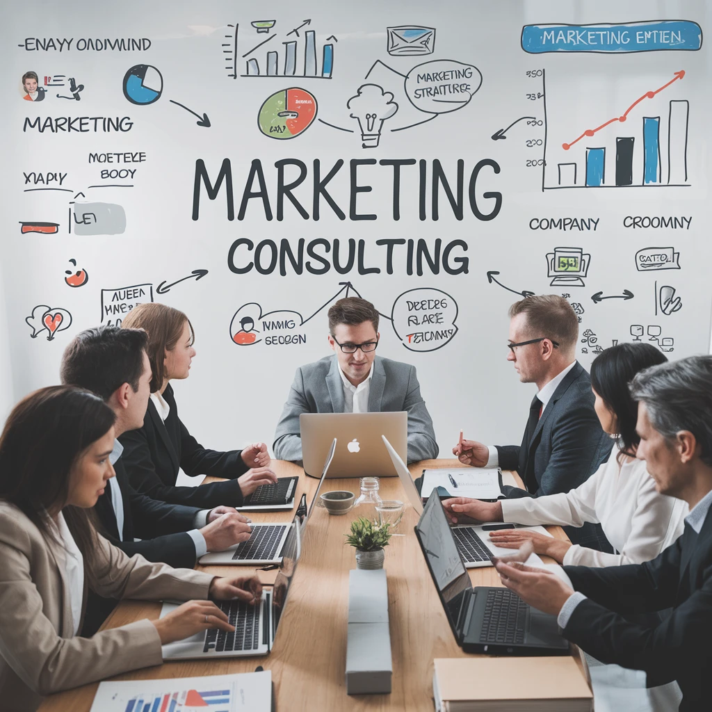 The first image represents a Marketing Consulting Agency, showcasing a professional marketing team collaborating on digital strategies.