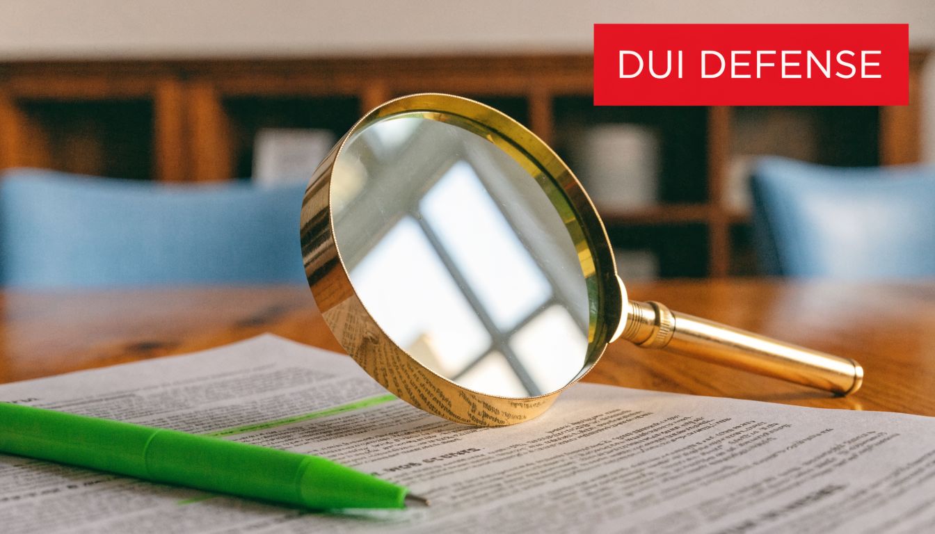 A magnifying glass and a bright green highlighter resting on a document with the title DUI DEFENSE.