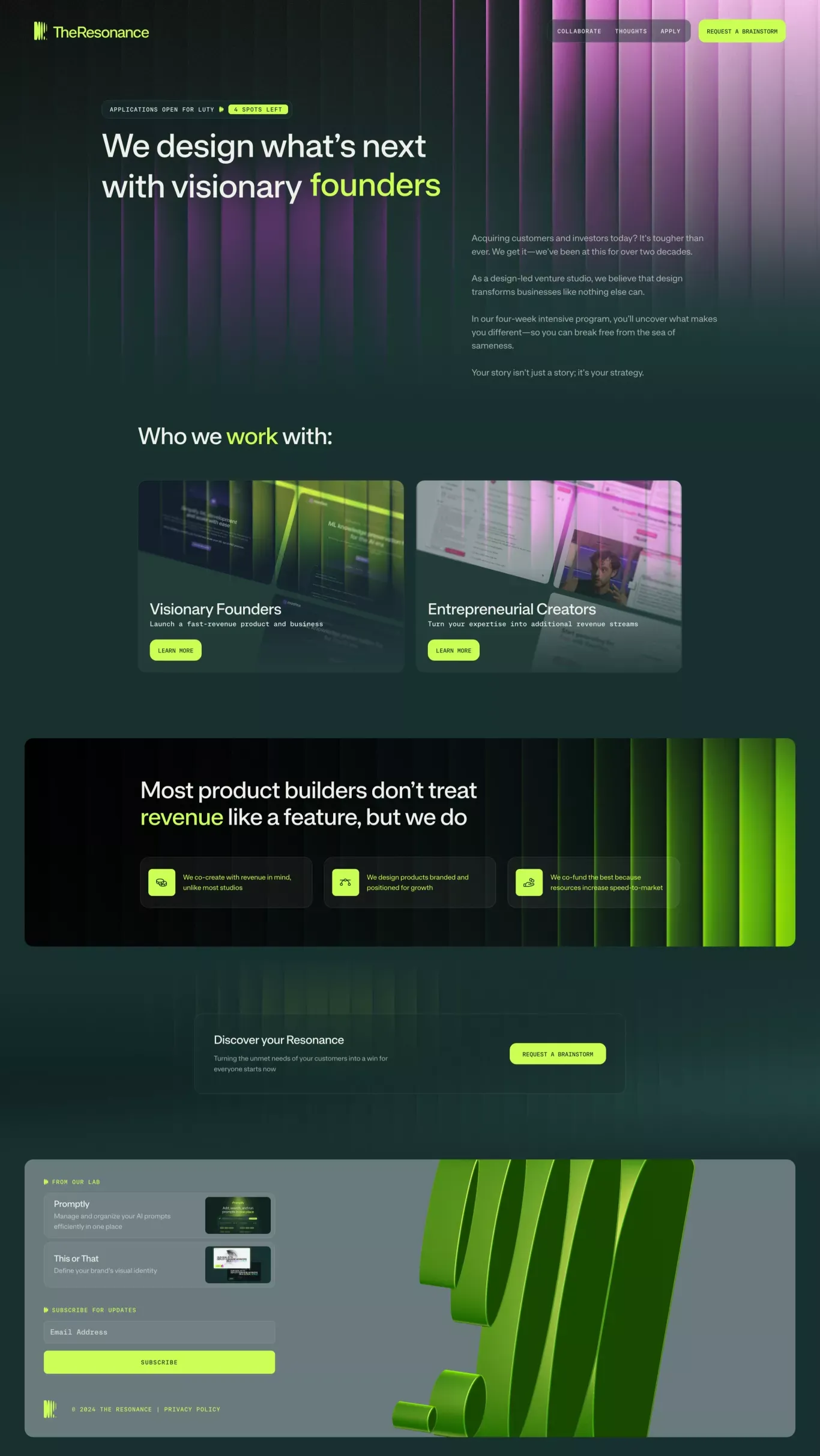 The Resonance portfolio page screenshot showcasing Design and Finance design